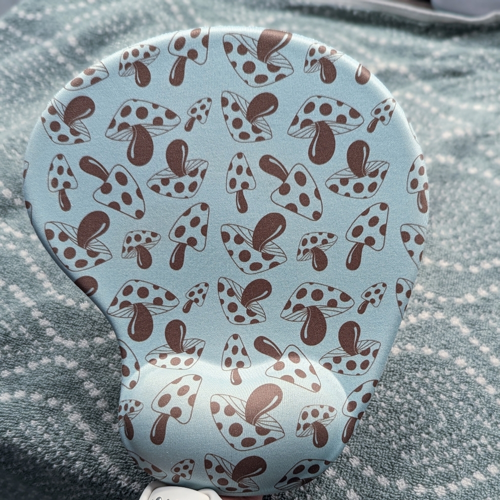 Light blue Mousepad with Light Brown Mushroom Pattern and Wrist Cushion Like New